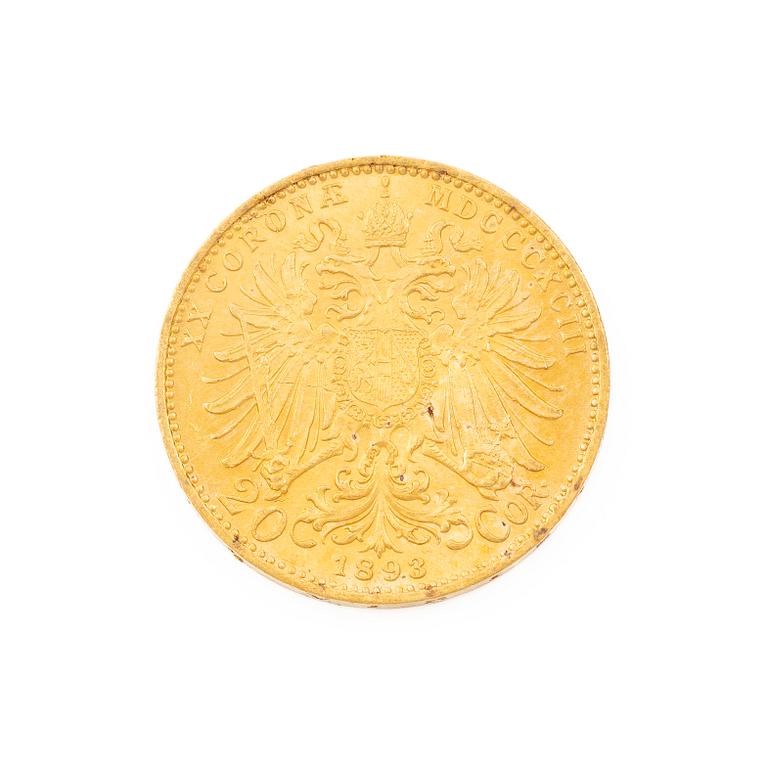 Guldmynt, Österrike-Ungern, 20 Corona, 1893.