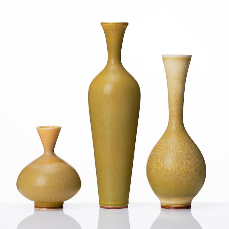 Berndt Friberg, a set of three stoneware vases, Gustavsberg studio, Sweden 1957, 1976 and possibly 1959.