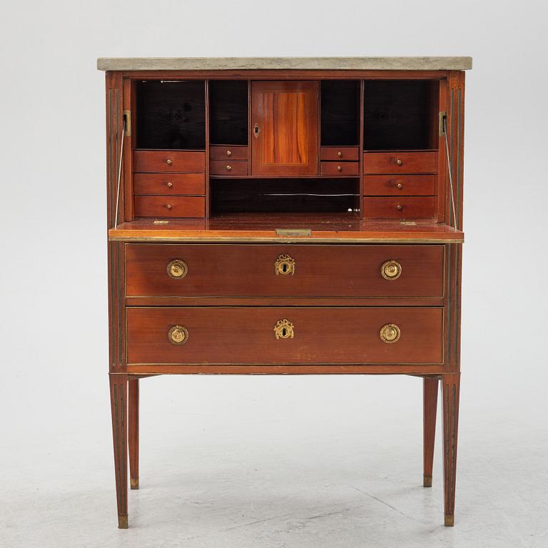 A mahogany veneered late Gustavian secretaire, late 18th century.