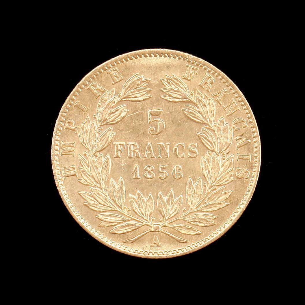 MYNT, 21, 6K guld, 5 franc, Napoleon III, Frankrike, 1856. Vikt ca 1,6g.