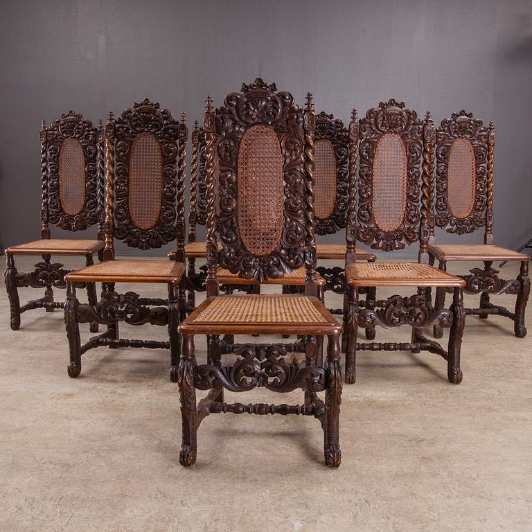 KARMSTOL och STOLAR, 8 st, barockstil, troligen Tyskland 1800-talets slut.