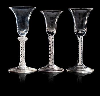 1192. A set of three English wine glasses, 18th Century. (3).