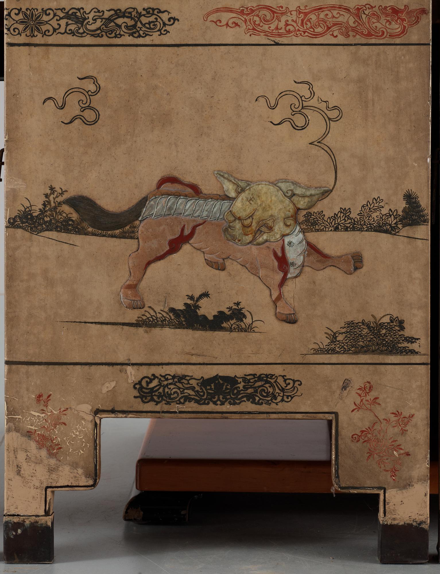 A painted and inlayed four-foulded screen, Qing dynasty (1644-1911).