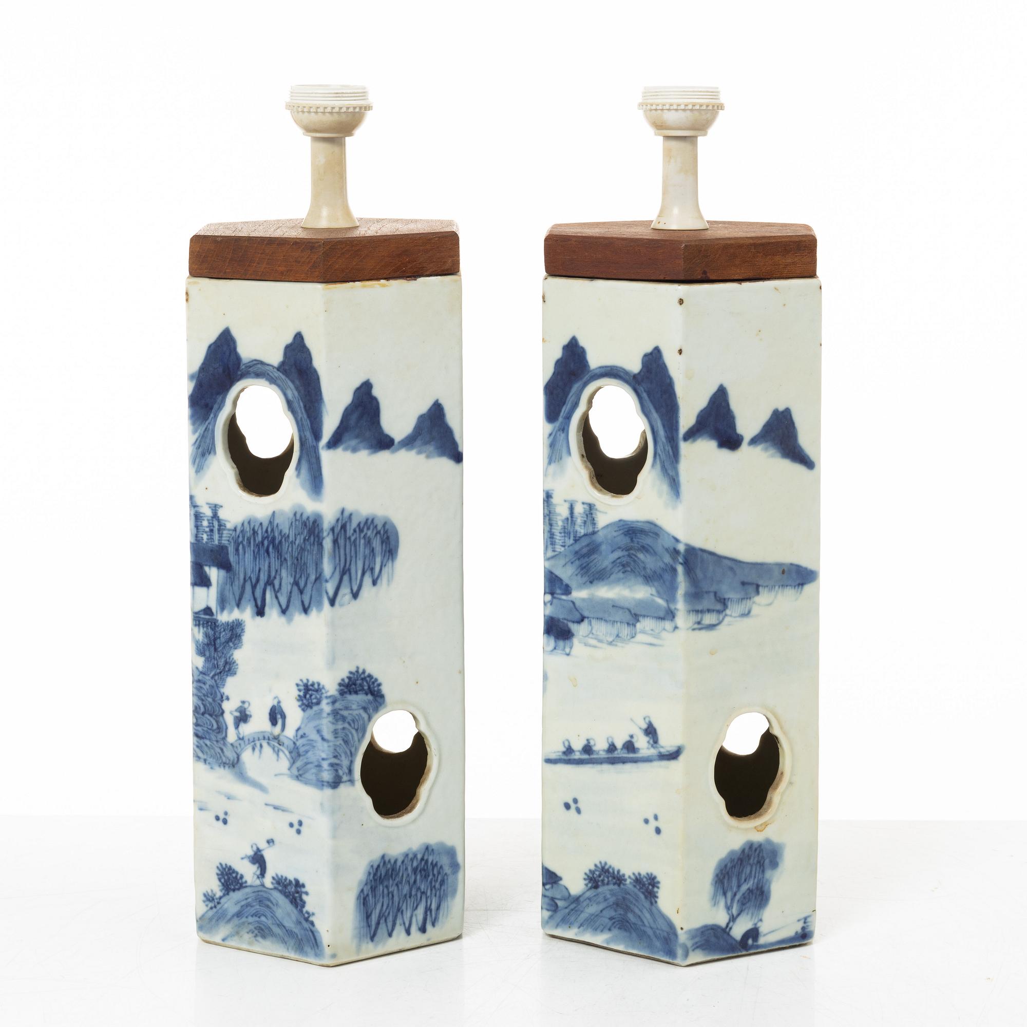 A pair of blue and white lanterns/table lamps, China, circa 1900.