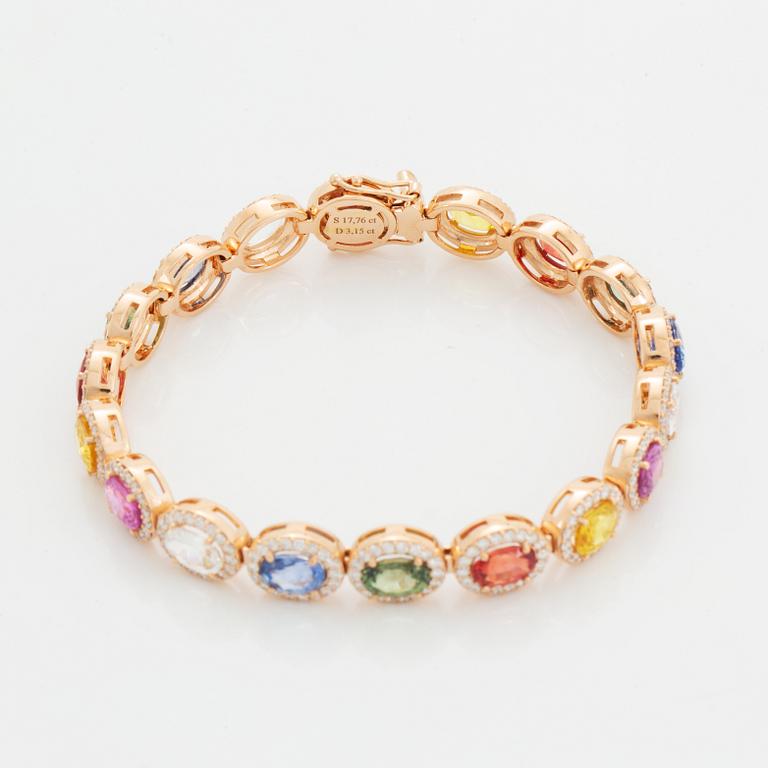 Multi coloured colour sapphire and diamond bracelet.