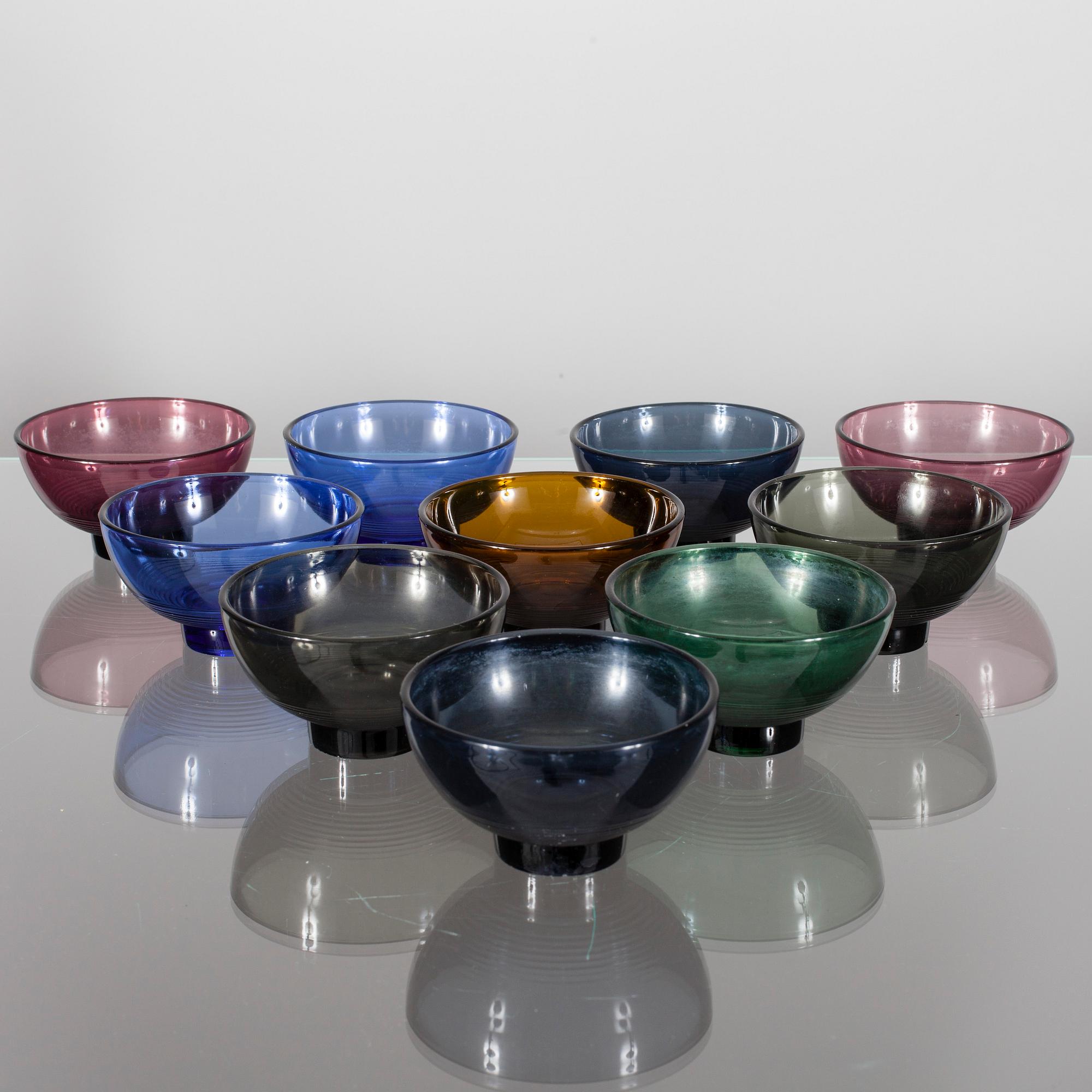 EFTERRÄTTSSKÅLAR, 10 st, glas, Karhula-Iittala. 1900-talets mitt.