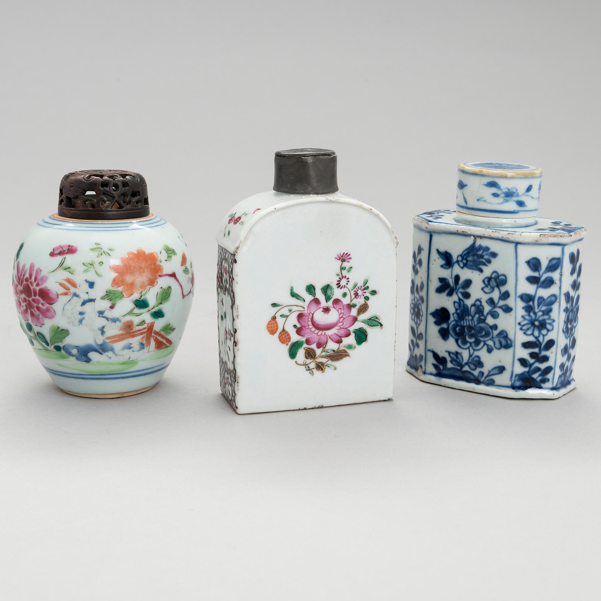 Two Chinese 18th-Century porcelain tea caddies and a jar and a 19th-Century snuff bottle.