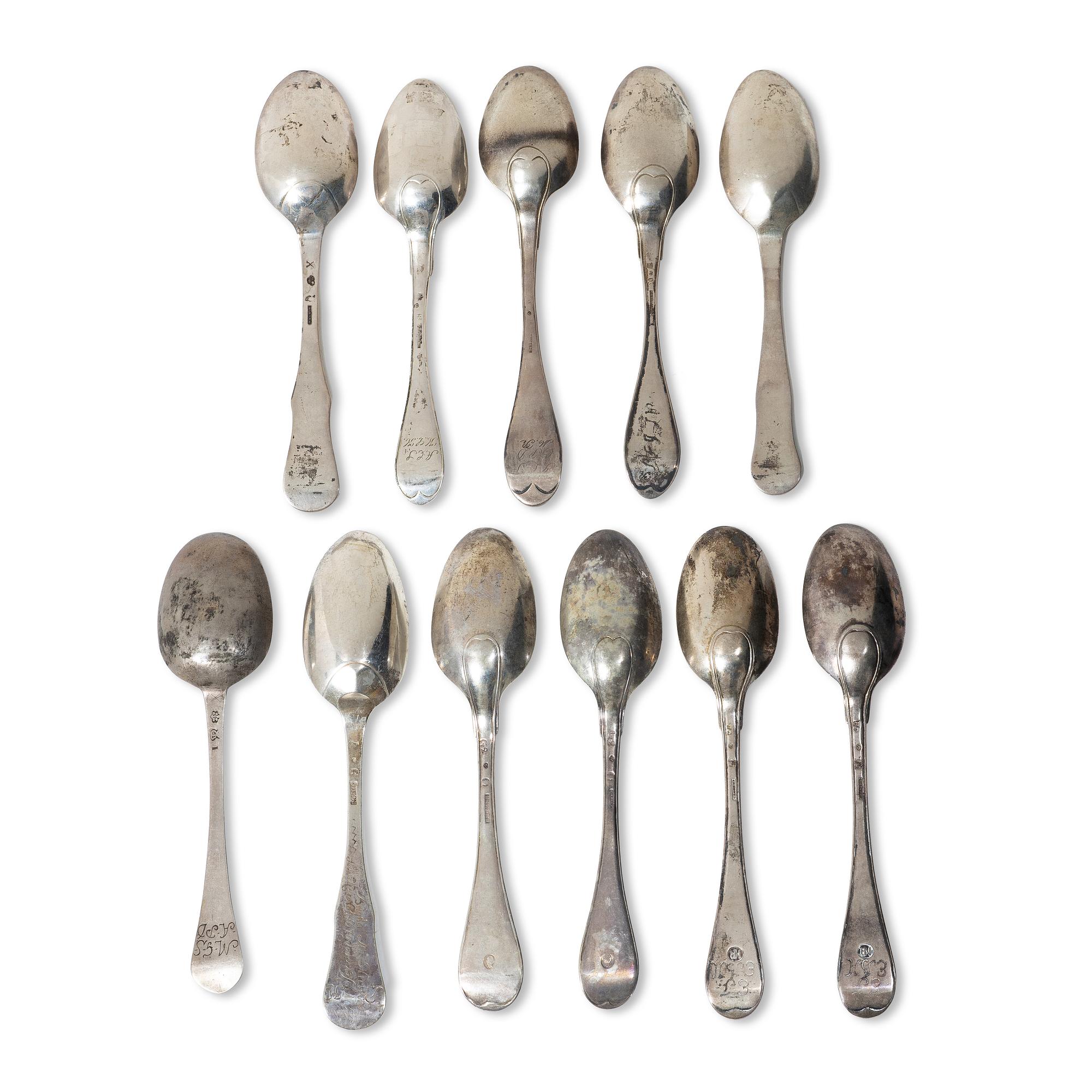 Eleven Swedish silver spoons, 18th/19th century.