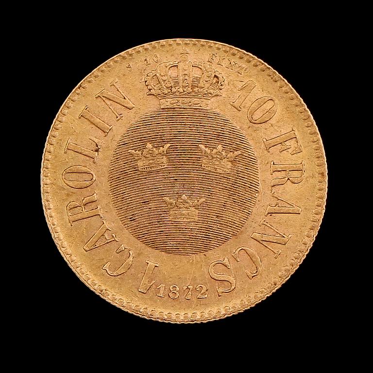 GULDMYNT, 10 francs/1 carolin, Carl XV, 1872. Vikt ca 3 gram.