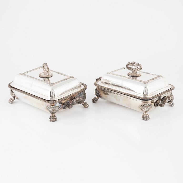 A pair of silver plated tureens, England, circa 1900.