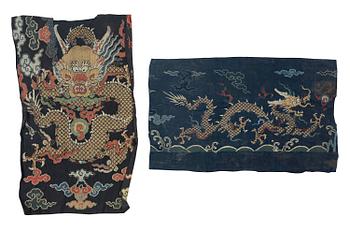 986. Two silk brocade 'dragon' fragments, late Ming dynasty/early Qing dynasty.