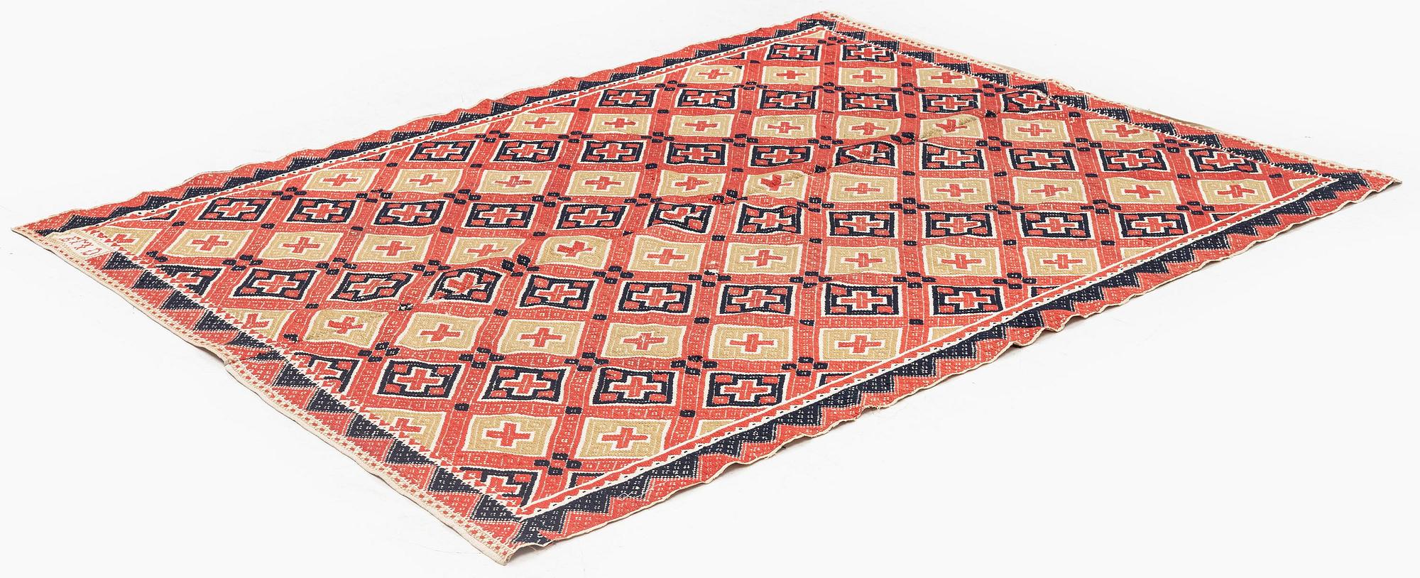 A bed cover, flat weave, c. 167 x 125 cm, Western Scania, signed EMD, early 19th century.