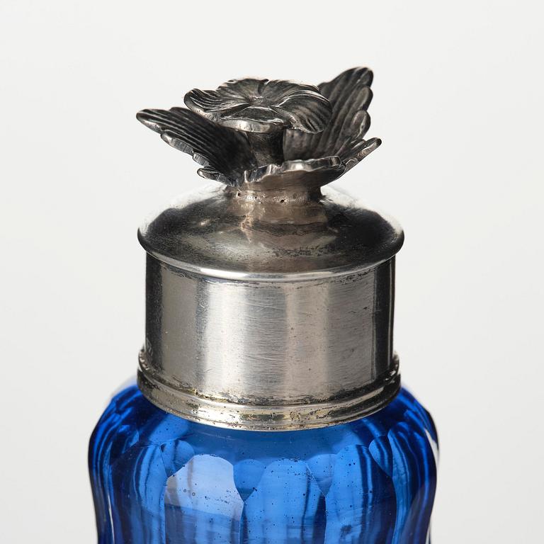 A Swedish Rococo blue glass and silver bottle, marked Lorenz Vick (Ulricehamn 1766-1808).