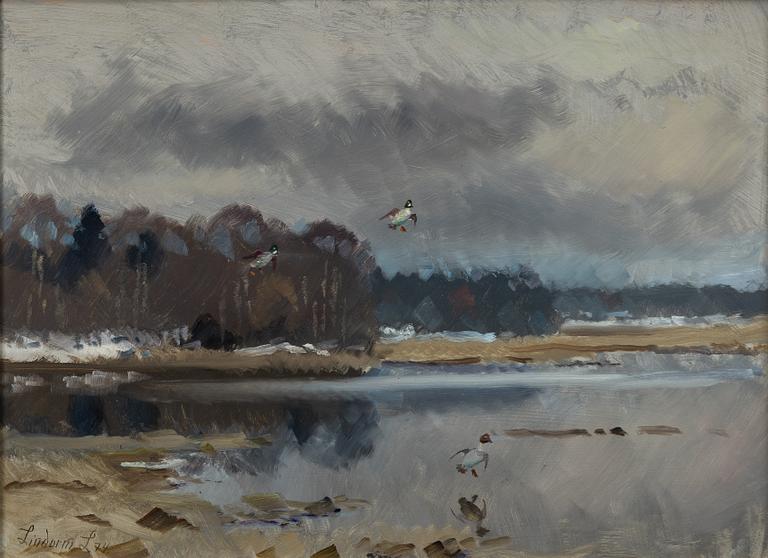 Lindorm Liljefors, Spring winter landscape with ducks.