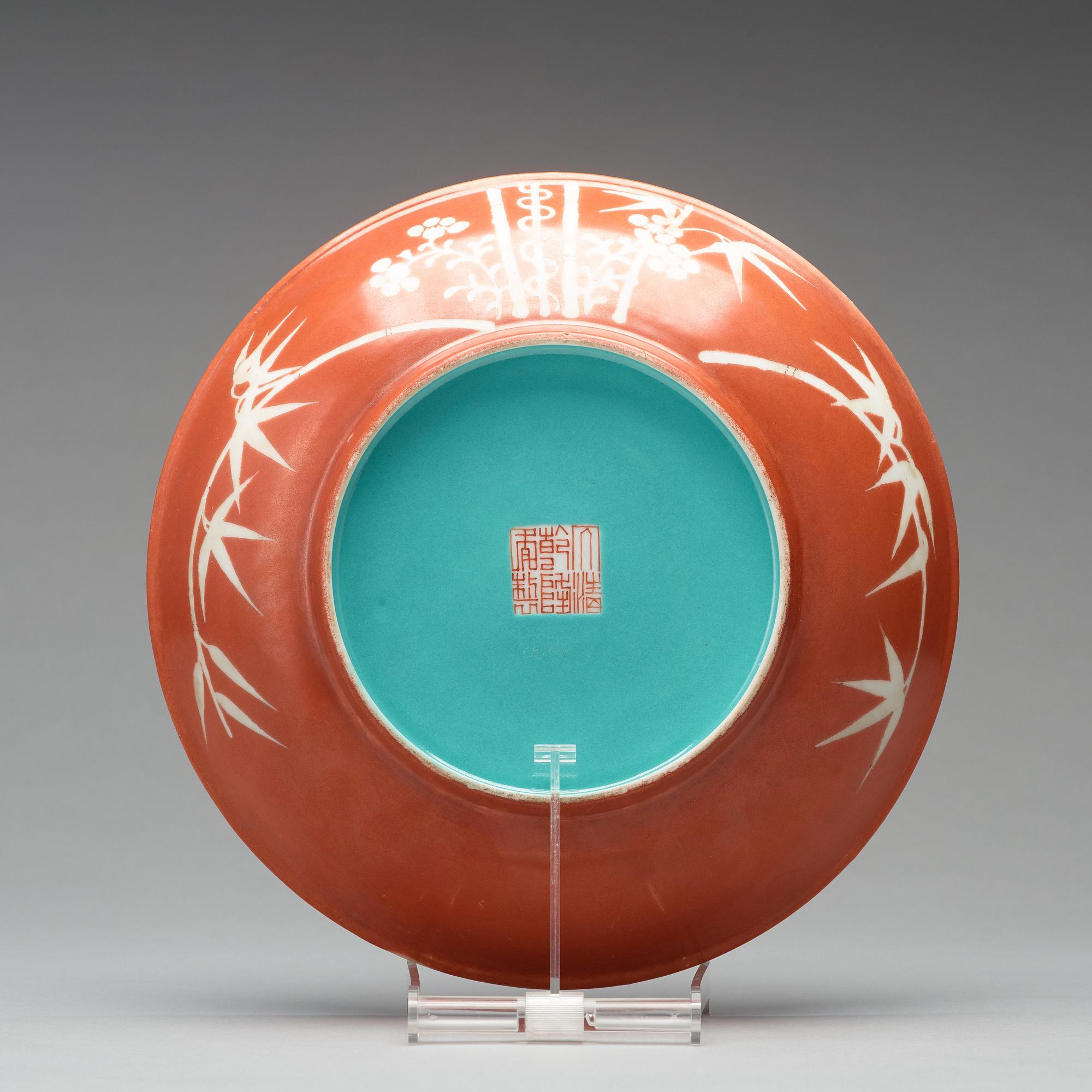 A coral red ground bamboo dish, presumably Republic, early 20th Century.