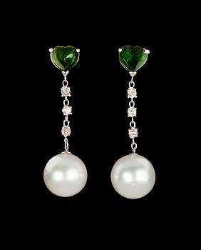 923. A pair of cultured South sea pearl, heart cut tourmaline and diamond earrings.