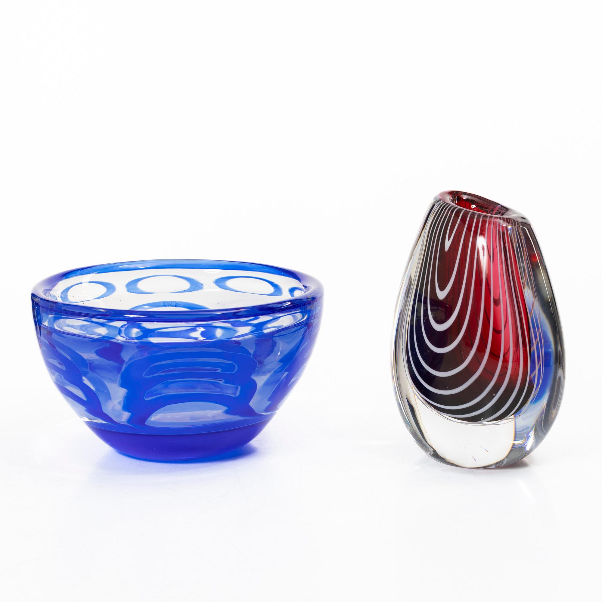 Ingeborg Lundin, bowl, graal, Orrefors, and Vicke Lindstrand, vase, "Zebra", Kosta.