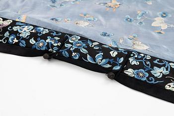 A lavender blue embroidered silk female informal robe, late Qing dynasty, 19th century.