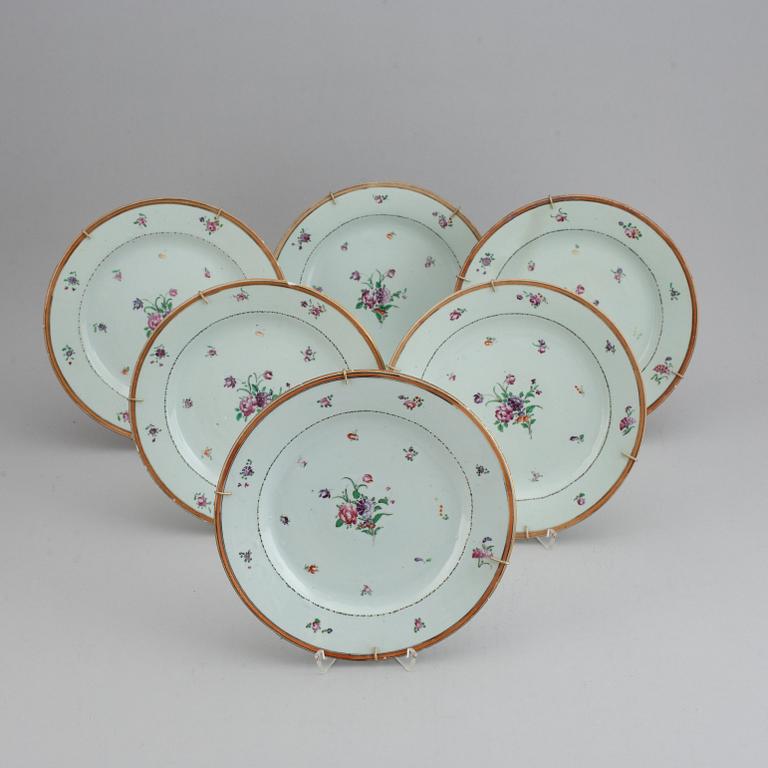 A set of 12 famille rose plates (6+6), Qing dynasty, Qianlong (1736-95).