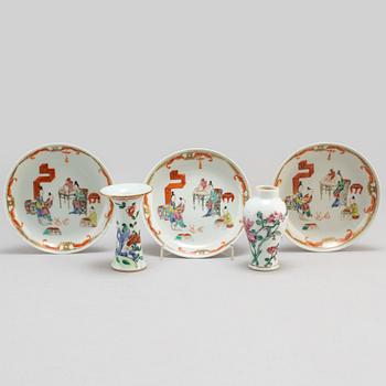 Two famille rose miniature vases, and three dishes, Qing dynasty, 18th century.