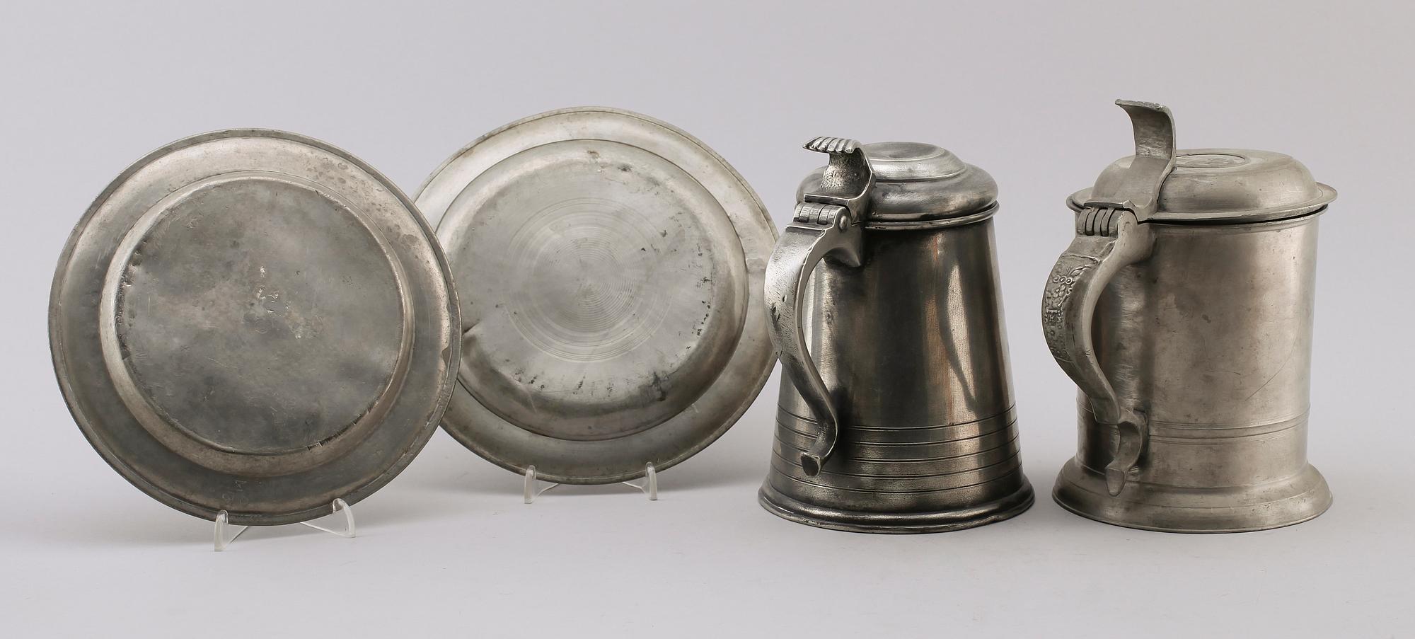 STOP, KANNA samt TALLRIKAR, 2 st, tenn, 1800-talets första hälft.