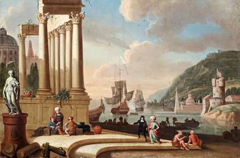 330. Johann Anton Eismann Follower of, Oriental port with merchants.