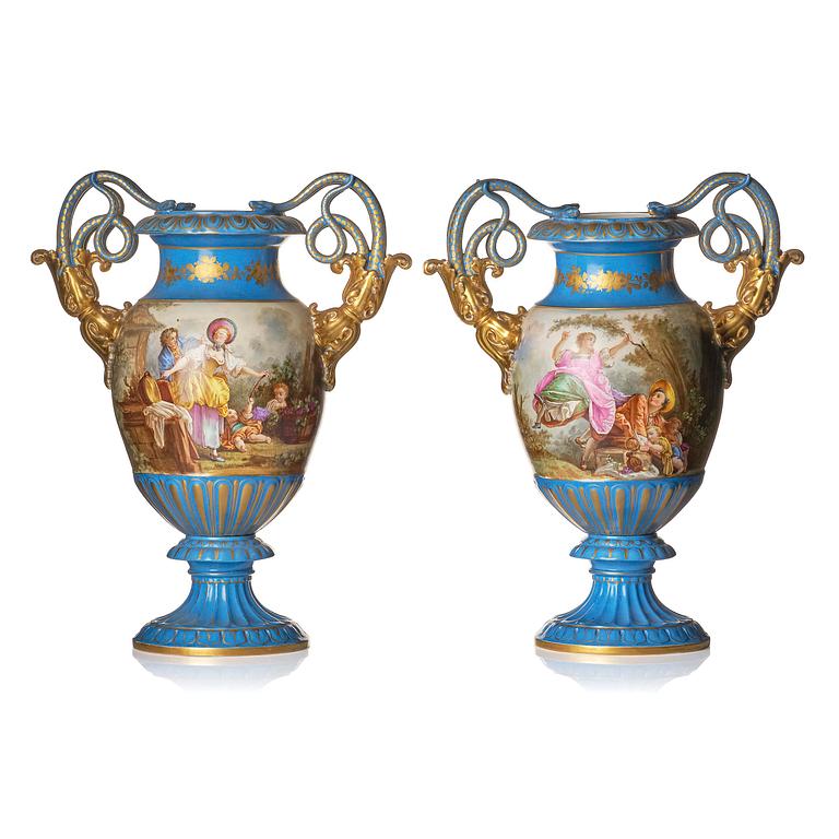 A pair of large porcelain urns, Sèvres like mark, around 1900.