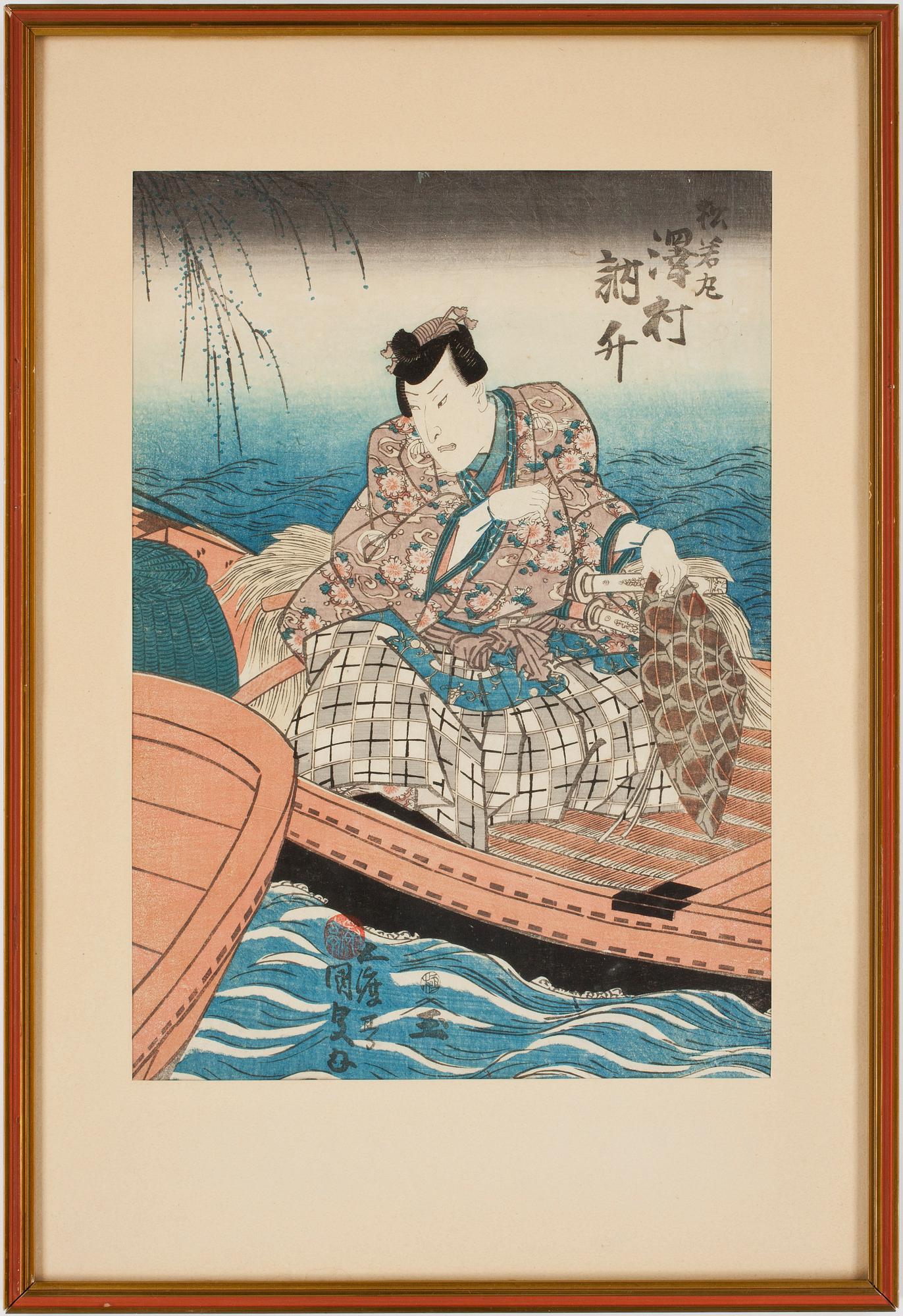 UTAGAWA KUNISADA, träsnitt, 2 st, samt OKÄND KONSTNÄR, träsnitt.