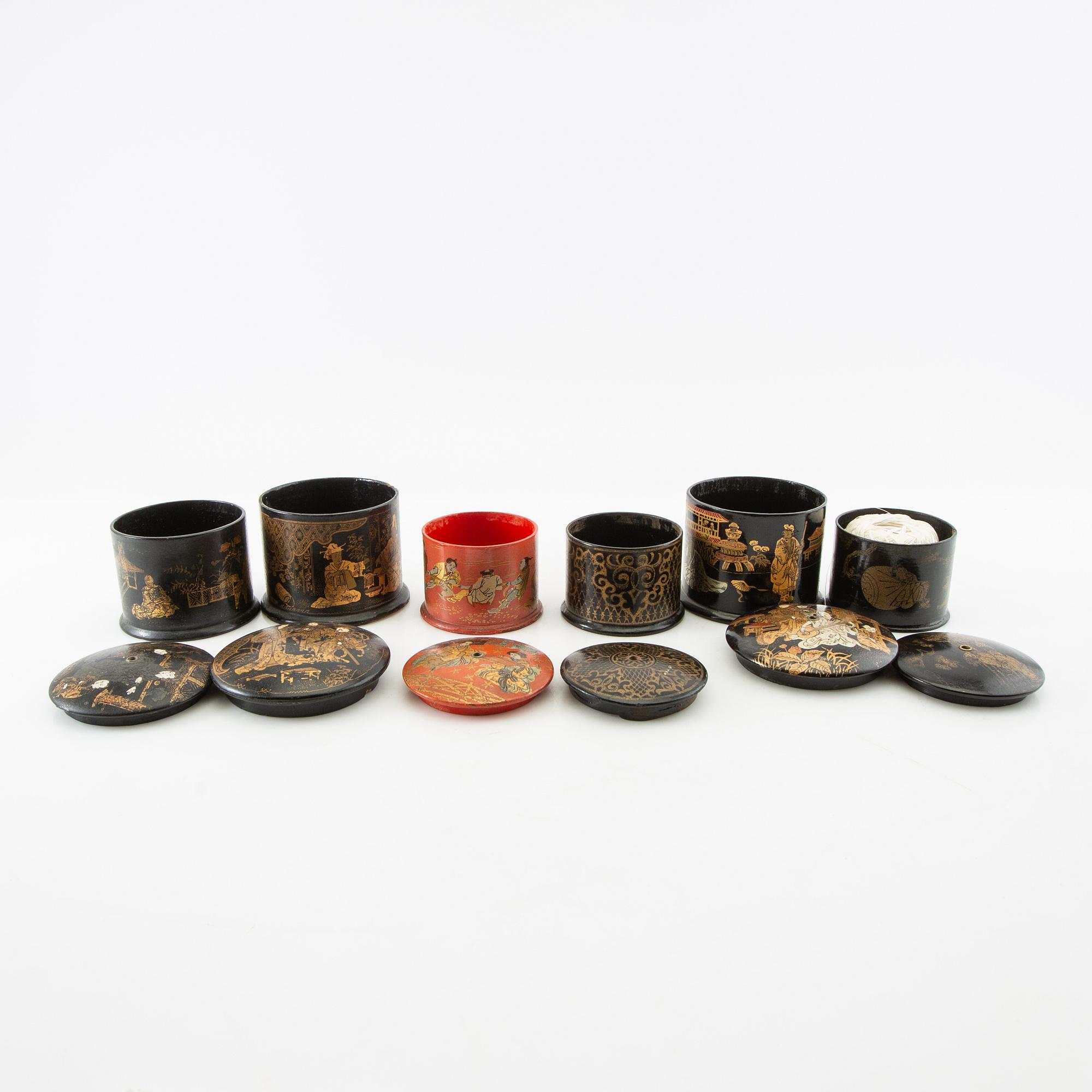 A collection of thread holders, boxes, and a tea caddy, 10 pcs Japan/Europe first half of the 20th century.