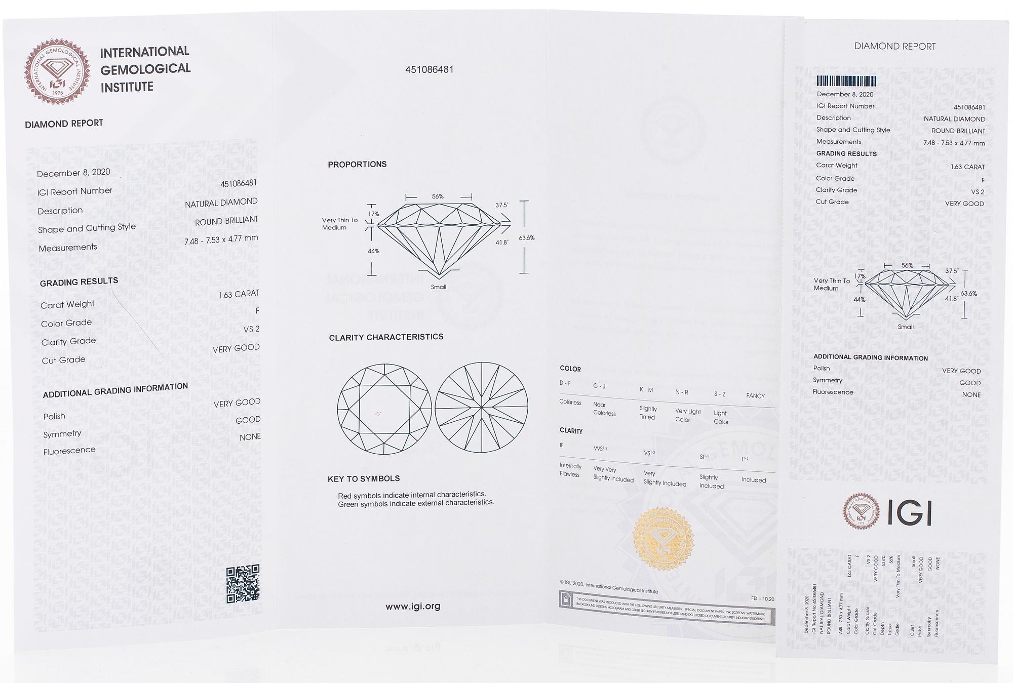 Sormus, briljanttihiotut timantit, keskitimantti 1,63 ct, 18K valkokultaa.