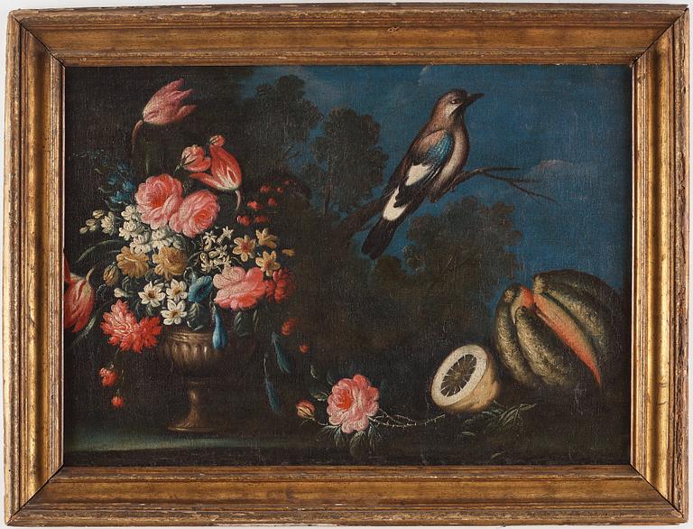 ITALIAN ARTIST 18TH CENTURY, Still life with fruits, flowers and a bird.