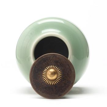 Knud Andersen, A Knud Andersen stoneware jar with patinated bronze cover and stand, Royal Copenhagen, Denmark.