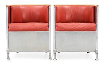 A pair of Mats Theselius aluminium, birch and red leather armchairs, Källemo AB.