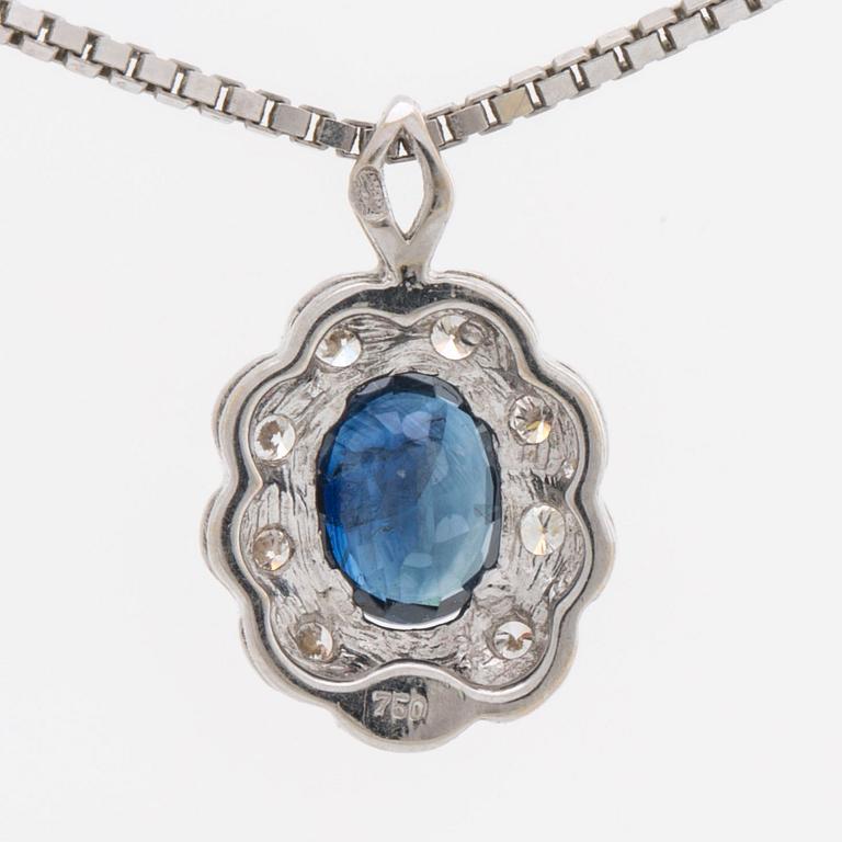 PENDANT and chain 18K whitegold 1 sapphire approx 6 x 4 mm and brilliant-cut diamonds approx 0,25 ct in total.