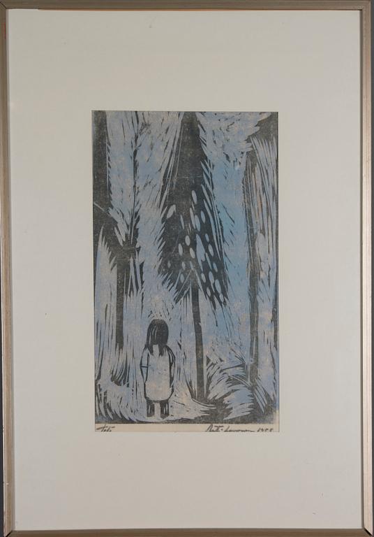 AHTI LAVONEN, träsnitt, signerad, märkt Tpl'a, och daterad 1958.