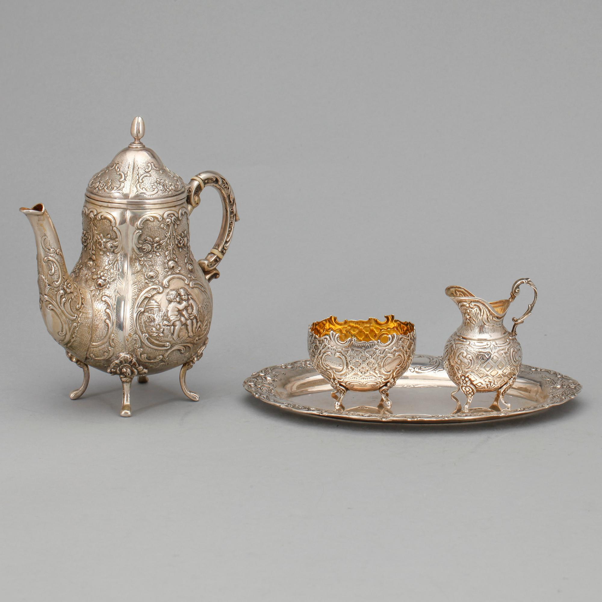 KAFFESERVIS, 4 delar, silver, rokokostil, bla Tyskland, svenska importstämplar. Tot ca 570 gram.