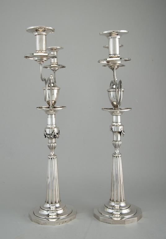 A PAIR OF CANDELABRAS, 875 silver. Switzerland late 1800 s. Height 47 cm. Weight including plaster-filling 2660 g.