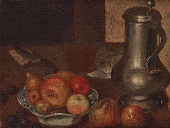 758. Dutch School, 17/18th Century. Still life with pewtre jug, fruits and a knife.