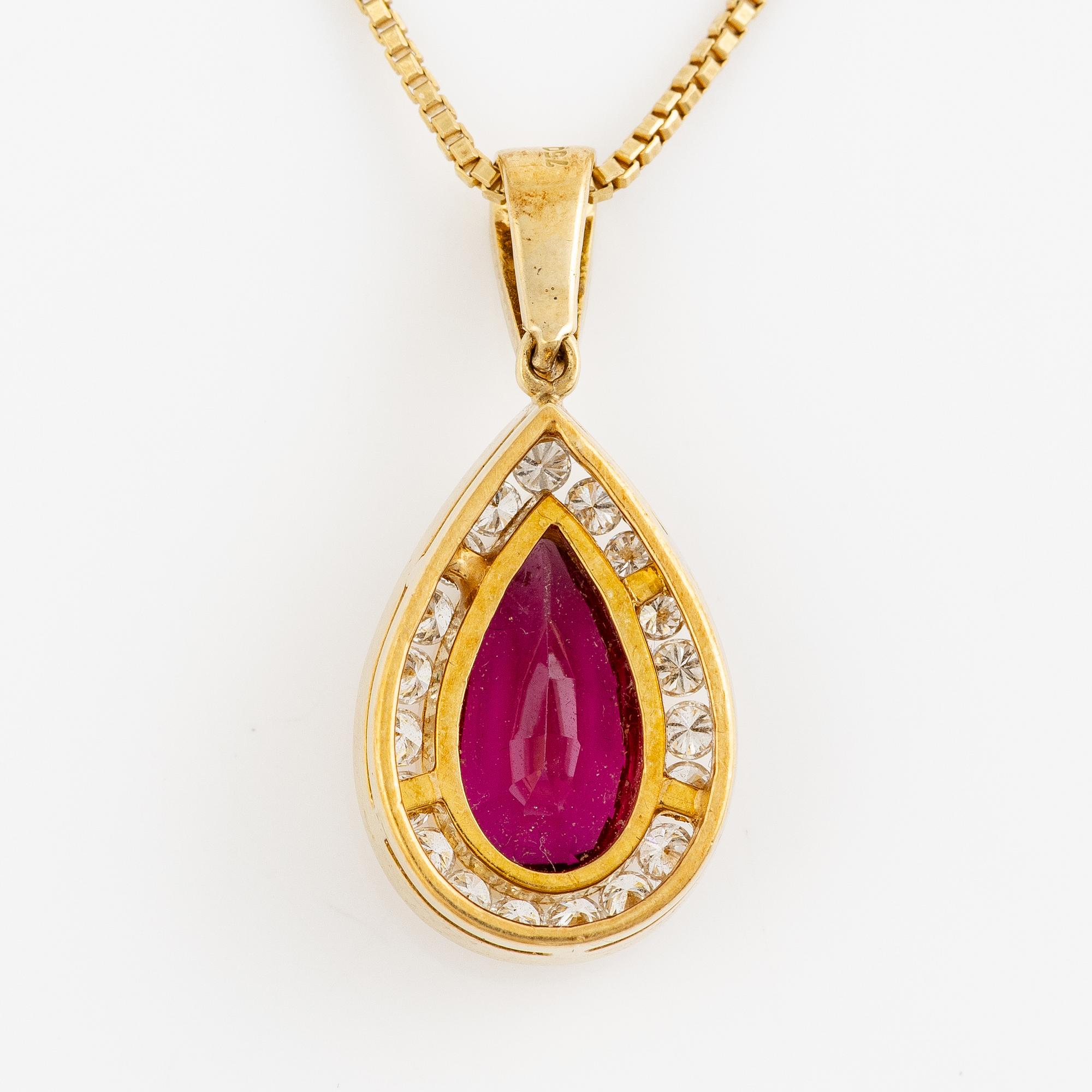 Pendant with chain, 18K gold set with a pink and red toned drop-shaped tourmaline and brilliant-cut diamonds.