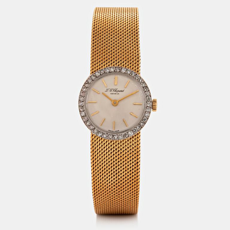 A Chopard wrist watch in 18K gold set with eight-cut diamonds.