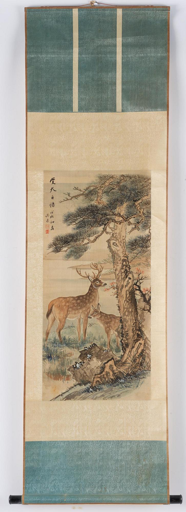A Chinese scroll painting by Zhen kai/Zhang Shuangquan, dated 1918.