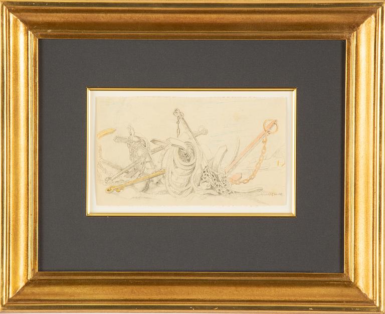 Axel Olson, a chalk drawing, a sketch for the painting "Förankring i verkligheten", signed.