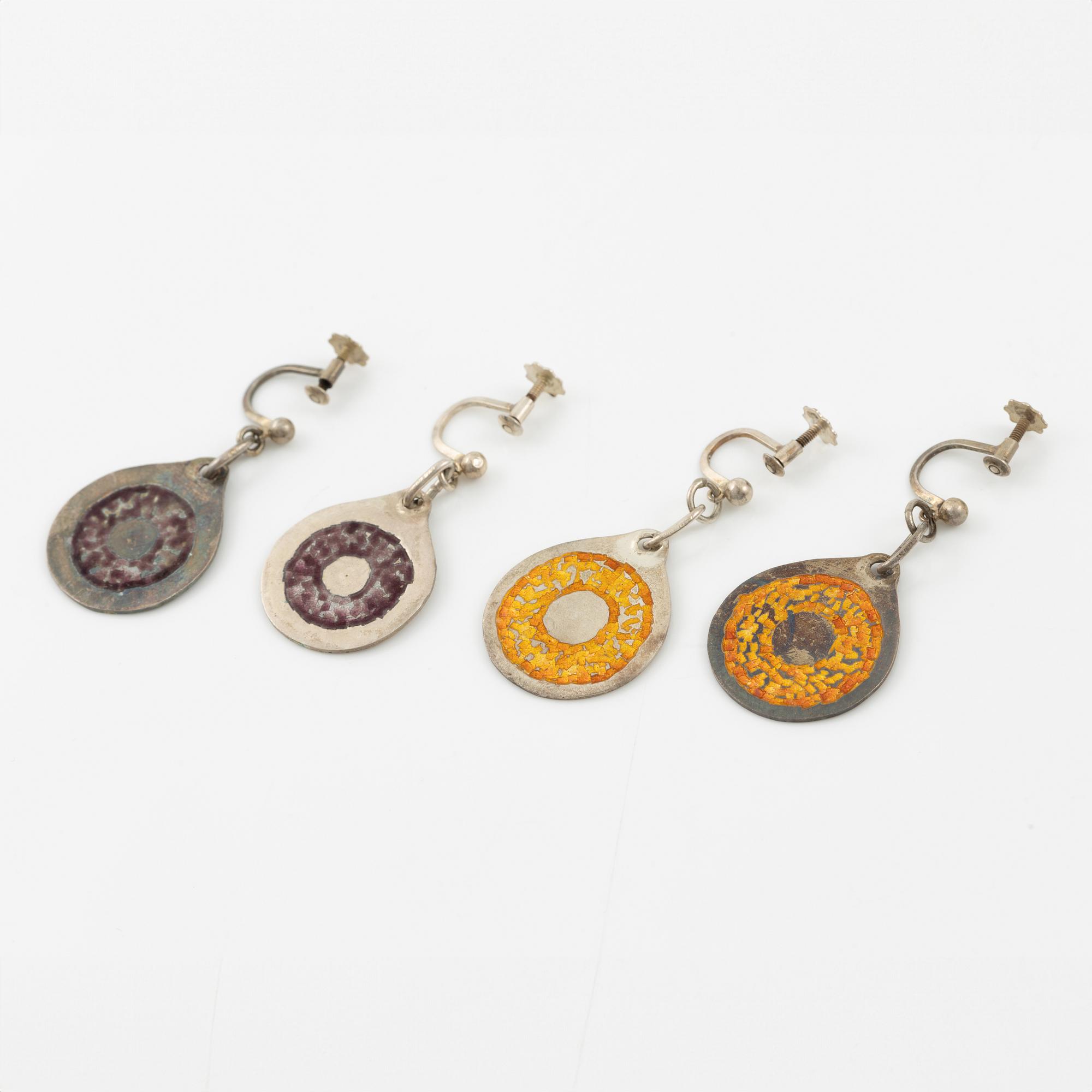Lars Arby, three pairs of earrings, sterling silver and enamel, Gothenburg 1967 and 1969.