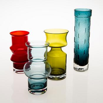 TAMARA ALADIN, Four glass vases in various colours, Riihimäen Lasi, 1966-76.