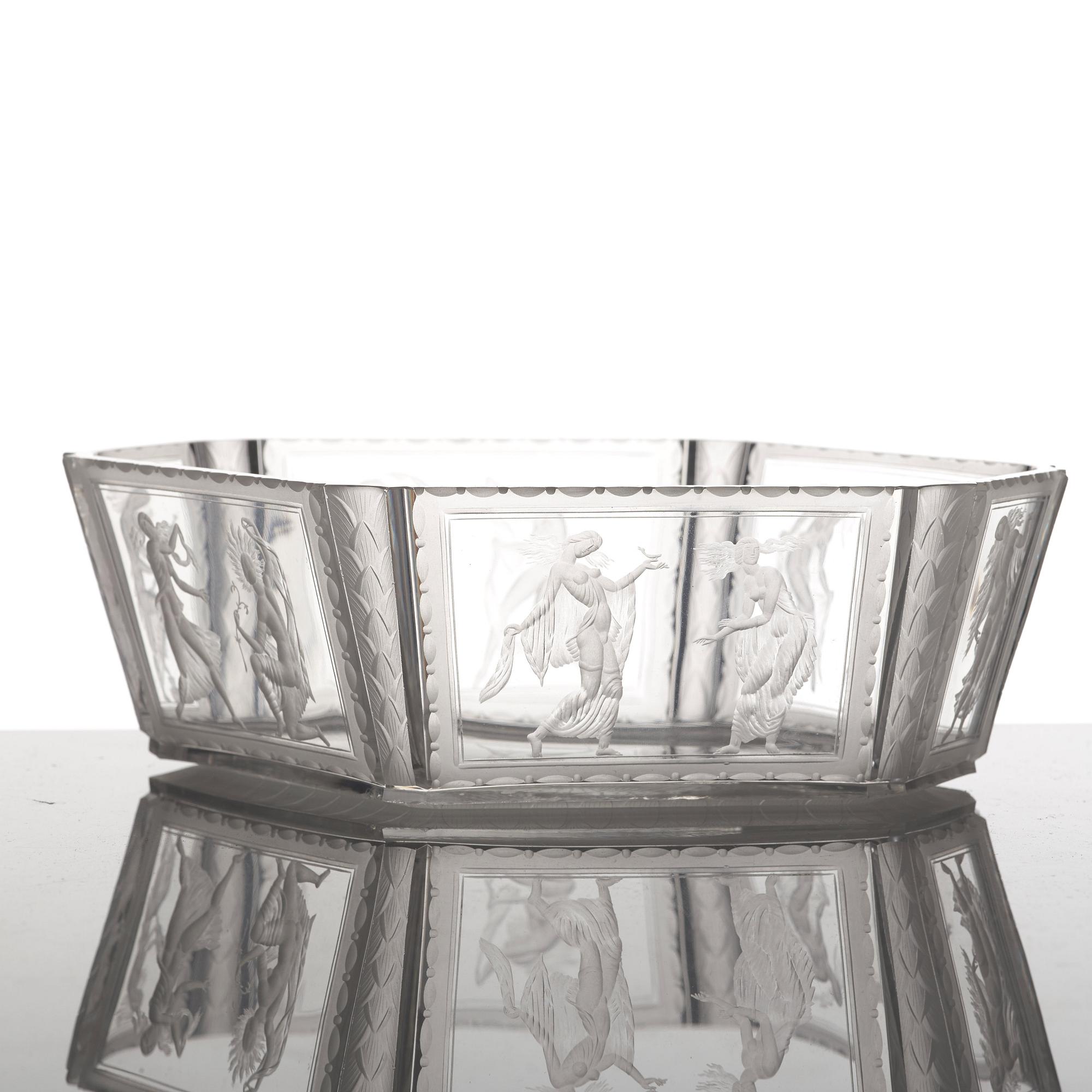 Simon Gate, an hexagonal engraved bowl, Orrefors, Sweden 1922, engraved by Richard Bayer, model nr 237.