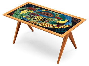 A Stig Lindberg and David Rosén oak and enamel sofa table by Nordiska Kompaniet, 1950's.