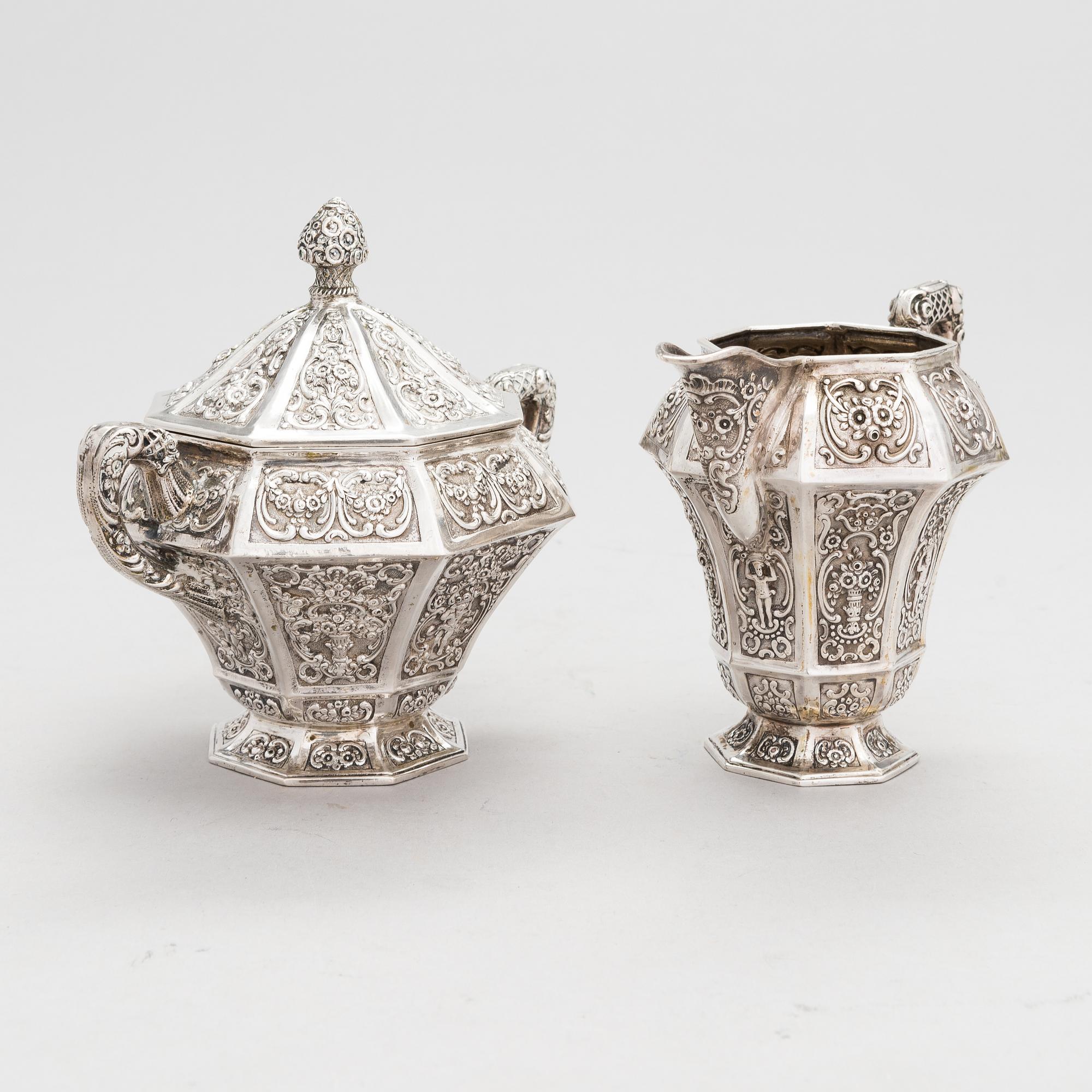 Te- och kaffeservis, 4 delar, silver, Tyskland 1900-talets första hälft.