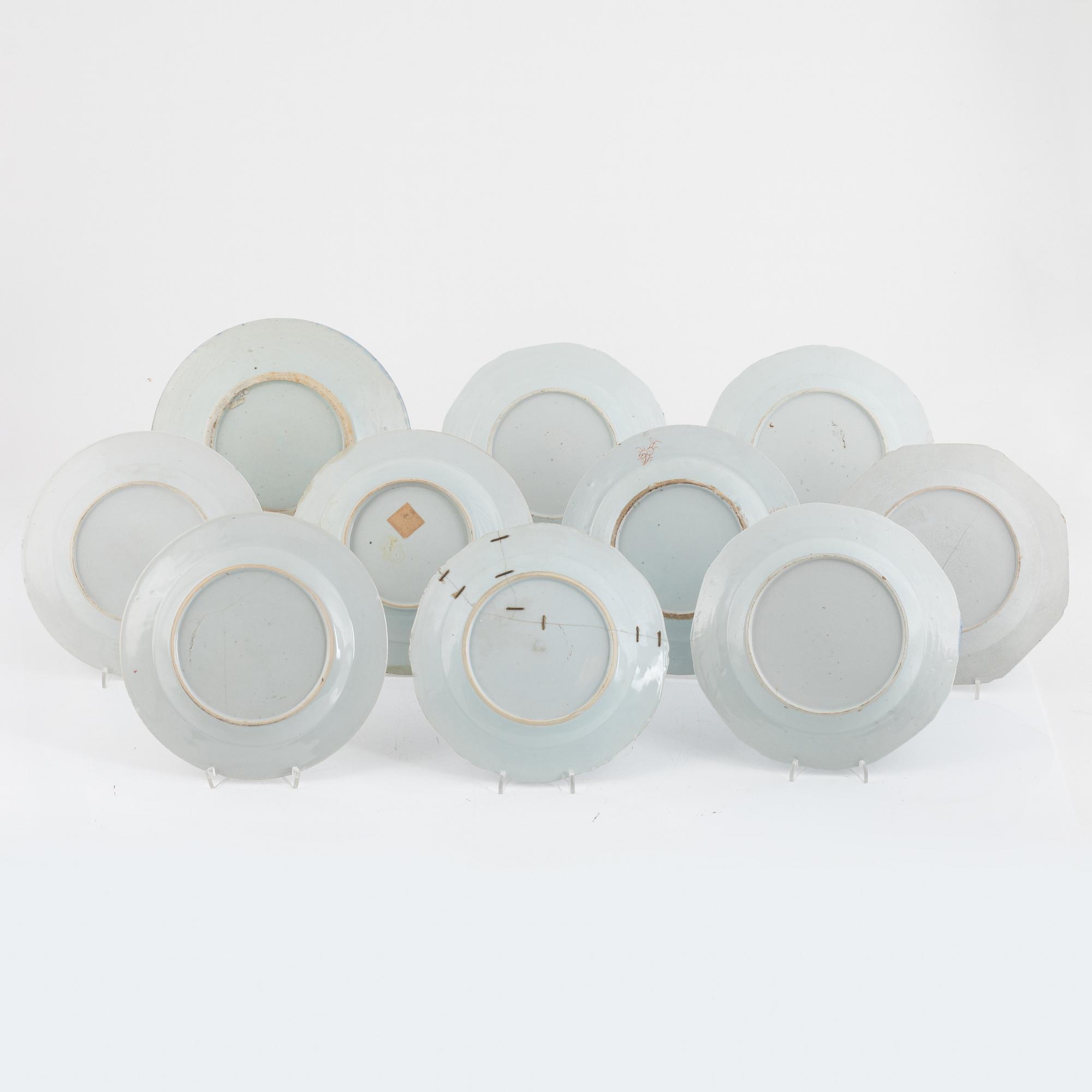 A group of nine Chinese export porcelain plates, 18th and 19th century and one plate probably Samson.