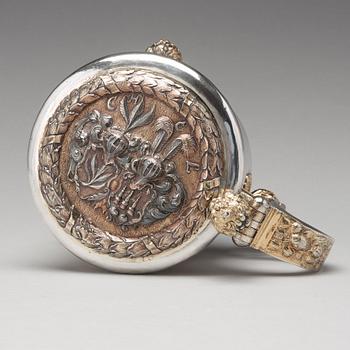 Johan Hansson Teelning, dryckeskanna, silver, (verksam i Norrköping 1661-1711), före 1700, barock.