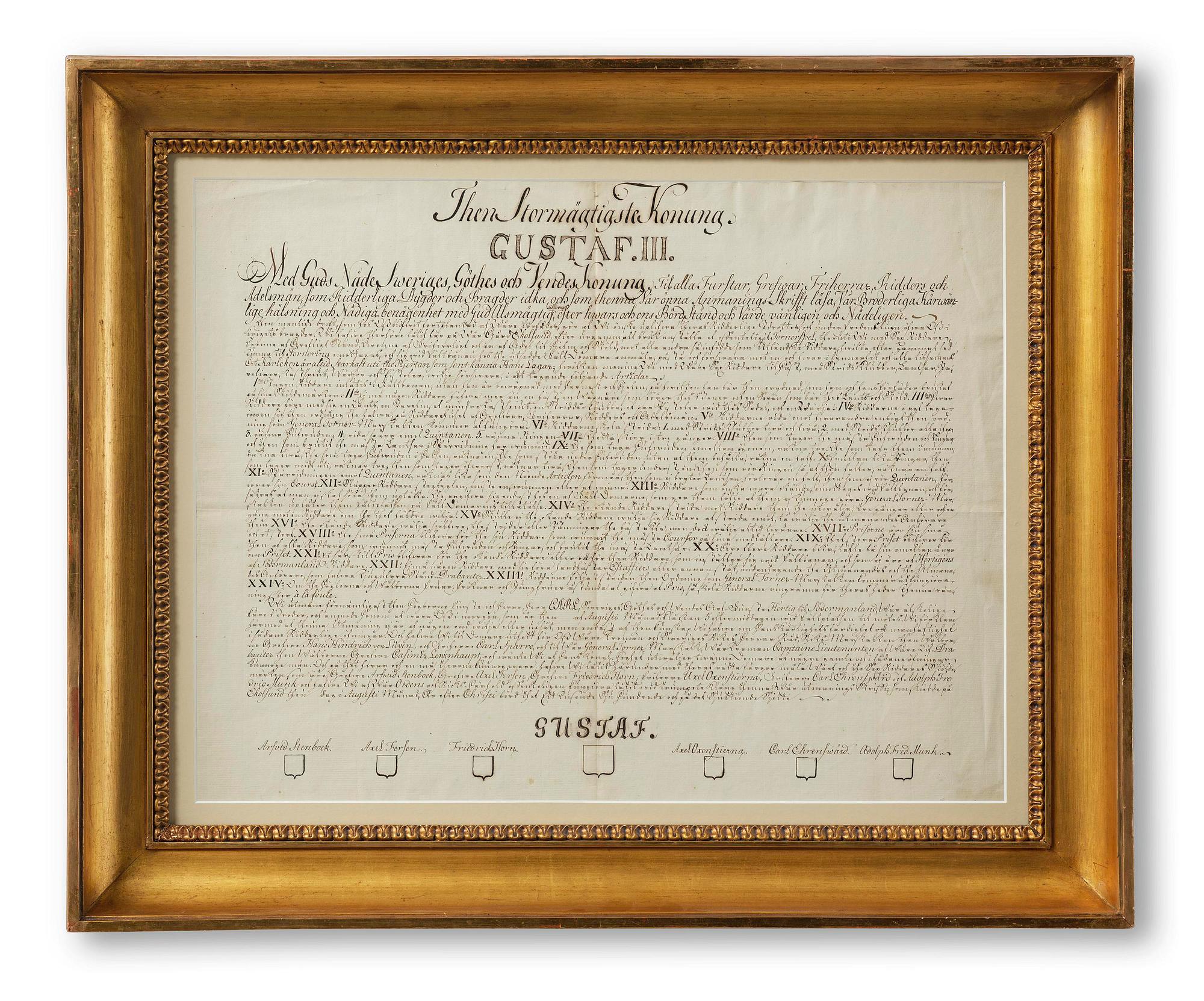 Gustav III.  Handskrivet utmaningsbrev till riddarspelet på Ekolsund 1776.